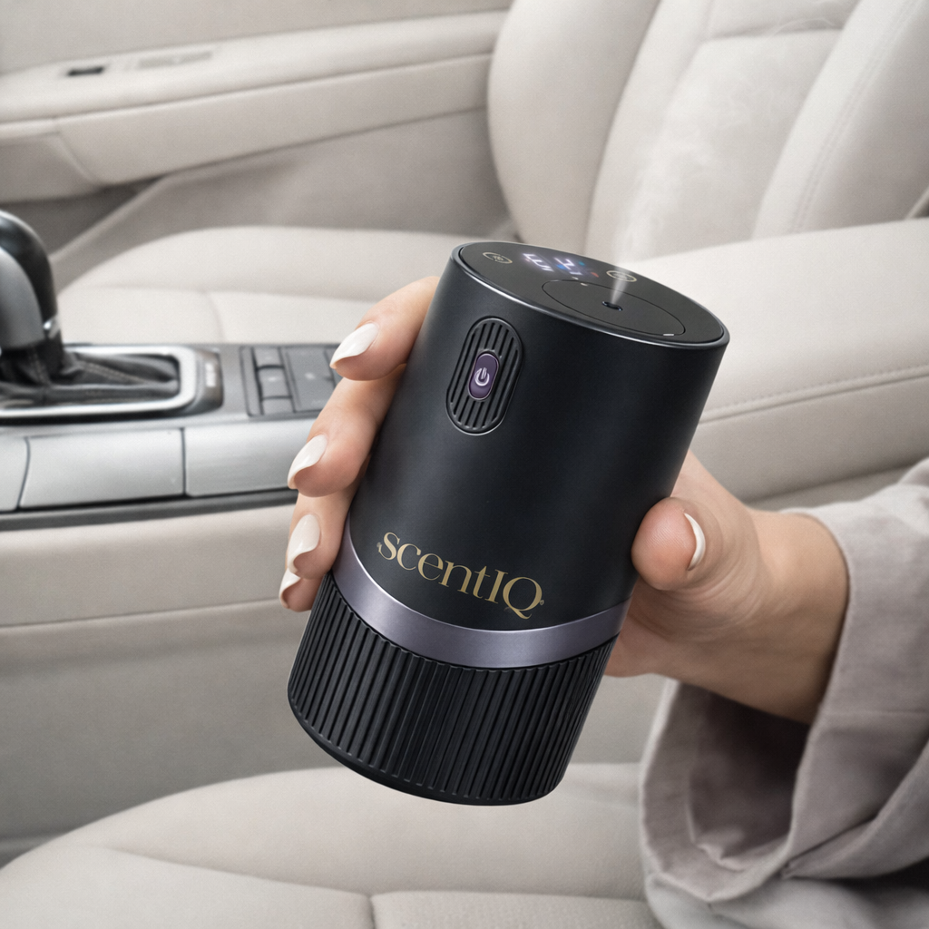 Person holding a scentIQ waterless diffuser in a car interior.
