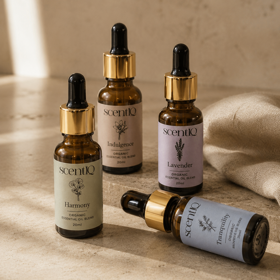 Four amber glass dropper bottles of scentQ essential oil blends arranged on a warm beige surface with soft natural shadows. The labels read Harmony, IndigoBloom, Lavender, and Tranquility, with gold caps and black droppers.