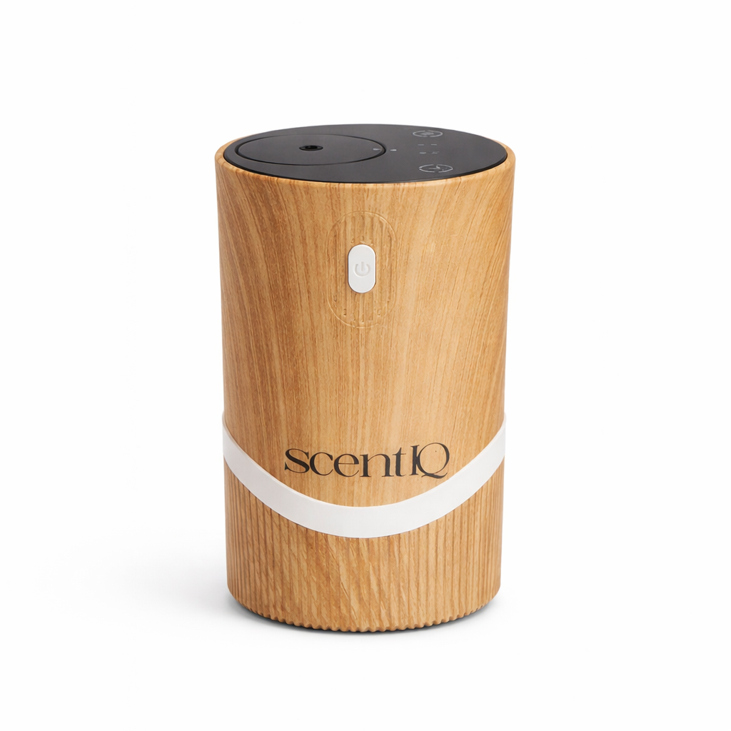 scentIQ waterless diffuser in soft grey finish on a neutral background.