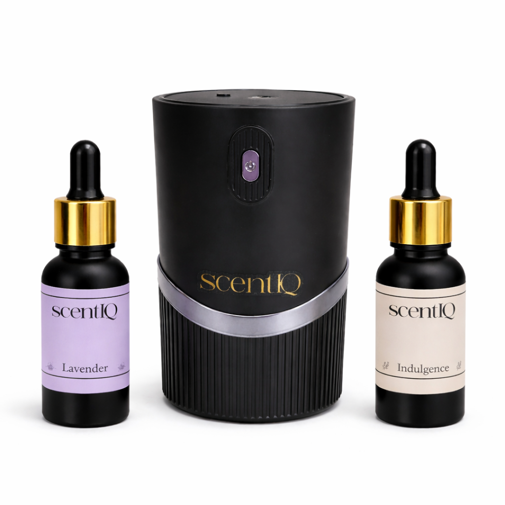 ScentIQ product set with black diffuser and two dropper bottles on a white background