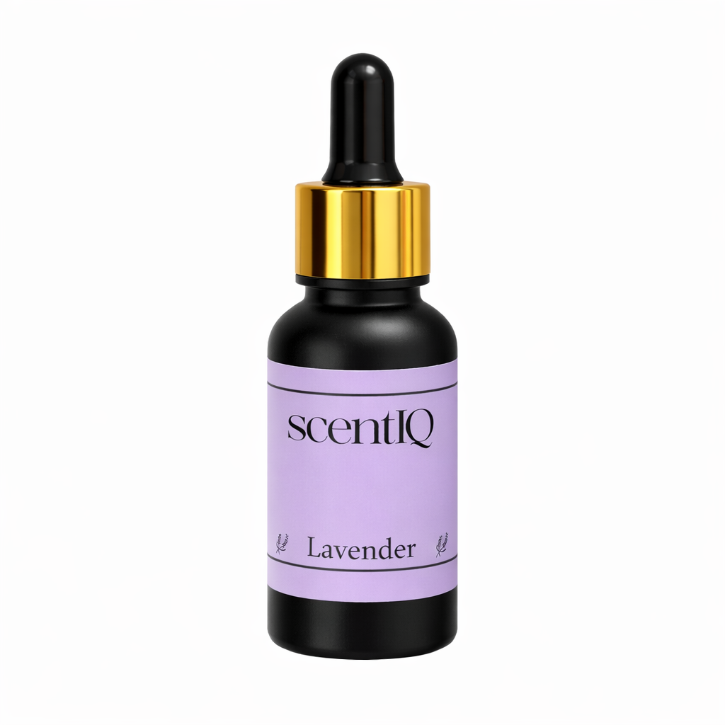 ScentIQ lavender essential oil dropper bottle on a white background