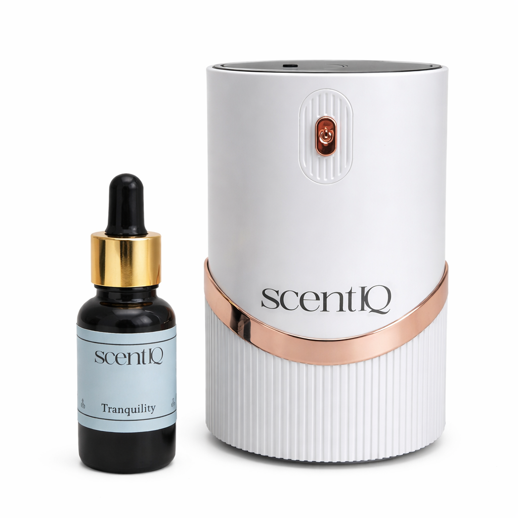 scentIQ product including a dropper bottle and diffuser on a white background