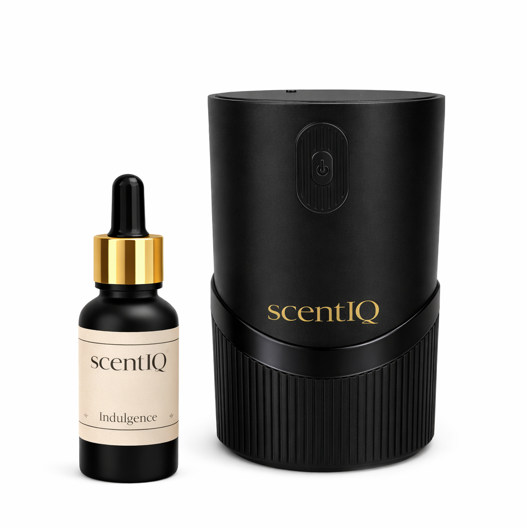 scentiQ ritual starter set with black waterless diffuser and indulgence essential oil.