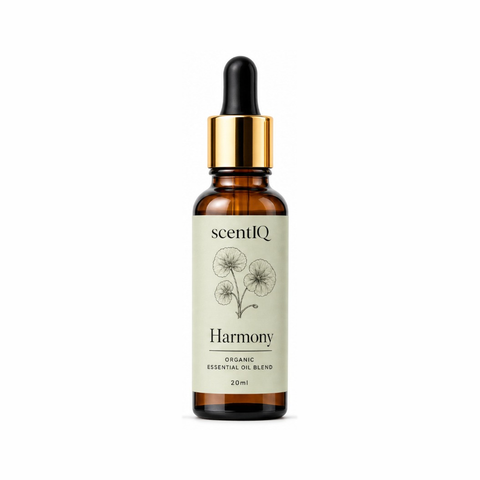ScentIQ Harmony Organic Essential Oil Blend, 20ml amber glass dropper bottle with gold cap and botanical label.