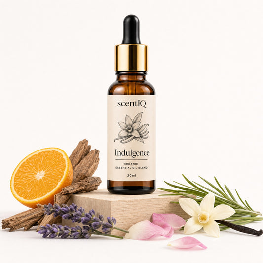 A 20ml amber glass dropper bottle of scentIQ 'Indulgence' essential oil blend, styled on a wooden block with lavender, orange, cinnamon, and white flowers against a clean white background.