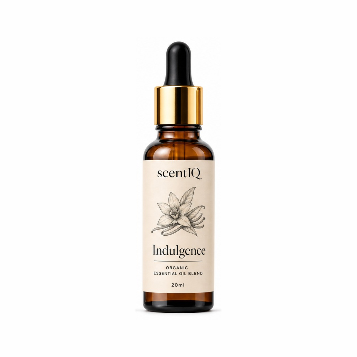 A 20ml amber glass dropper bottle of scentIQ 'Indulgence' essential oil blend, featuring a cream-colored label with a black ink botanical illustration and a shiny gold collar, set against a plain white background.
