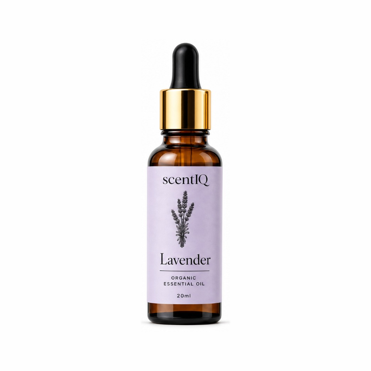 A 20ml amber glass dropper bottle of scentiQ Lavender Organic Essential Oil, featuring a lavender-colored label and a gold collar with a black dropper cap, set against a plain white background.