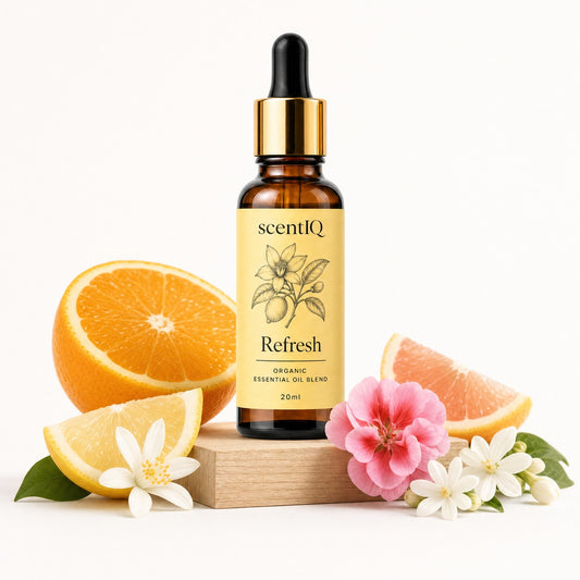 A 20ml amber glass dropper bottle of scentIQ 'Refresh' essential oil blend, styled on a wooden block with citrus slices, white and pink flowers, and green leaves against a clean white background.