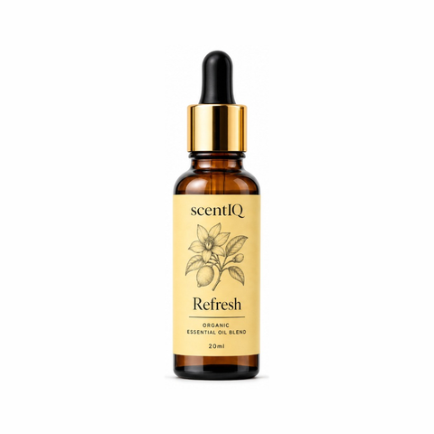 A 20ml amber glass dropper bottle of scentIQ Refresh Organic Essential Oil Blend, featuring a pale yellow label with a botanical illustration and a shiny gold collar with a black dropper cap, set against a plain white background.