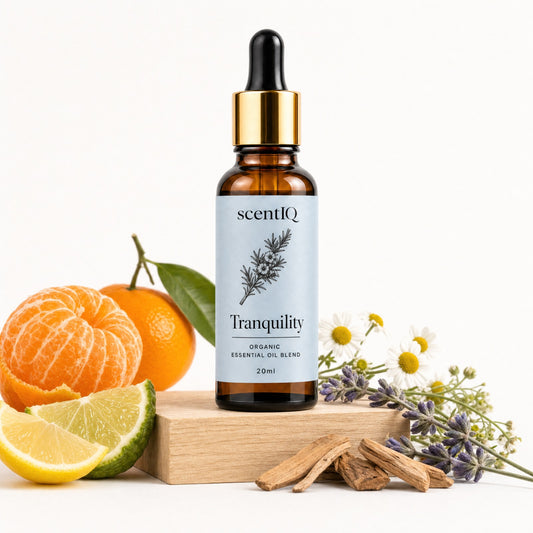 A 20ml amber glass dropper bottle of scentIQ Tranquility essential oil blend, styled on a wooden block with citrus fruits, chamomile flowers, lavender, and wood bark against a white background.