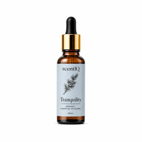 A 20ml amber glass dropper bottle of scentQ Tranquility essential oil blend, featuring a white label with a botanical illustration and a shiny gold collar, set against a plain white background.