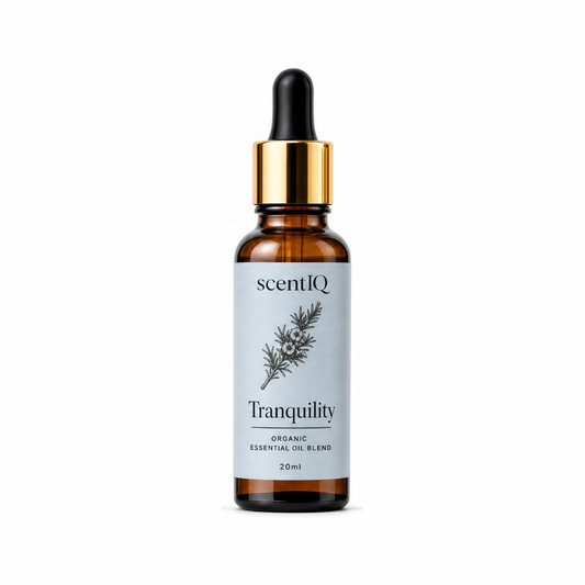 A 20ml amber glass dropper bottle of scentQ Tranquility essential oil blend, featuring a white label with a botanical illustration and a shiny gold collar, set against a plain white background.