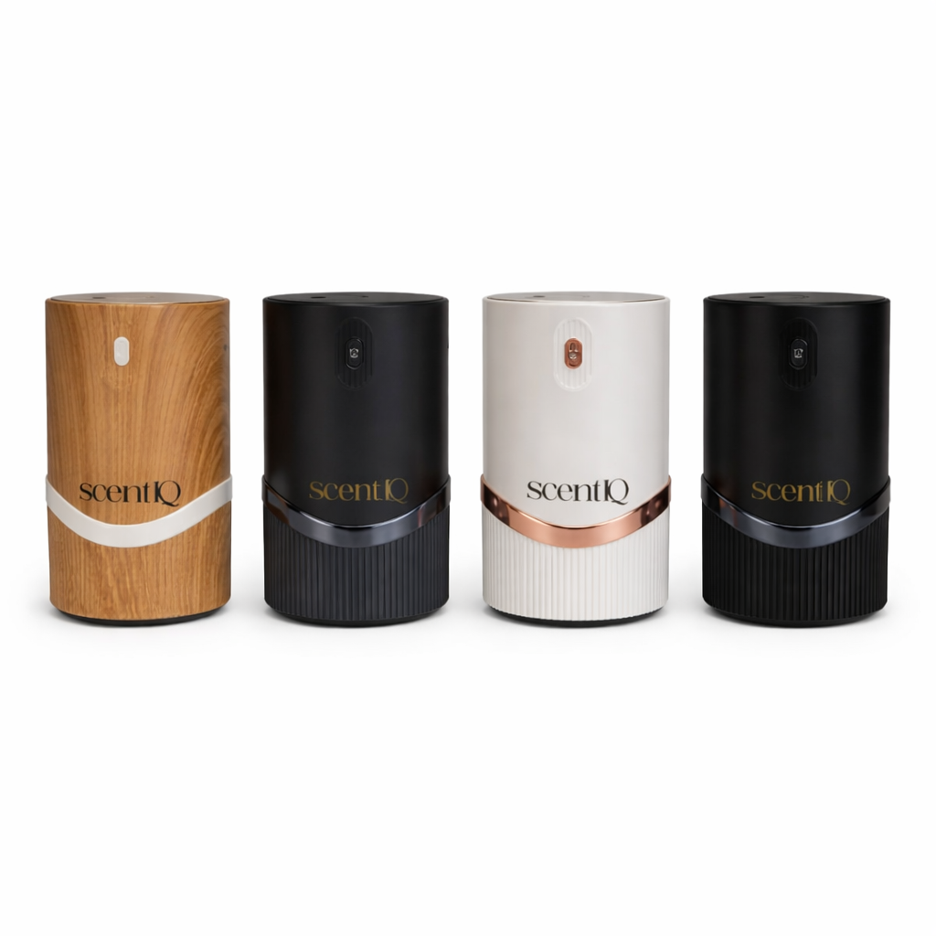 Four waterless diffuser products from scentIQ on a white background