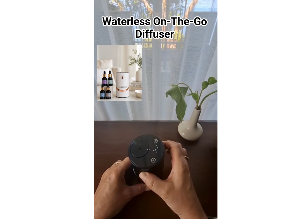 Load video: A person adds essential oil to the scentIQ waterless diffuser, places the cap on, and sets it running — no water, no mess, instant scent.